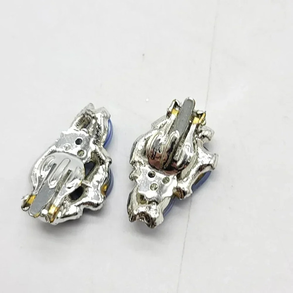 Silver Tone Blue Thermoset Leaf Clip On Earrings Vintage - Picture 4 of 4